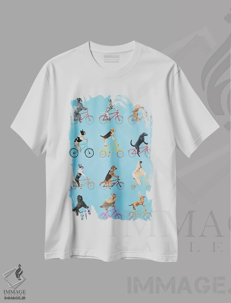 تیشرت سفید طرح دار سگ های دوچرخه سوار، تزئینی اثر کوکو د پاریس | فروشگاه ایماژ