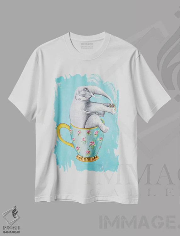 تیشرت سفید طرح دار فیل داخل فنجان، آبی، تزئینی اثر کوکو د پاریس | immage.ir