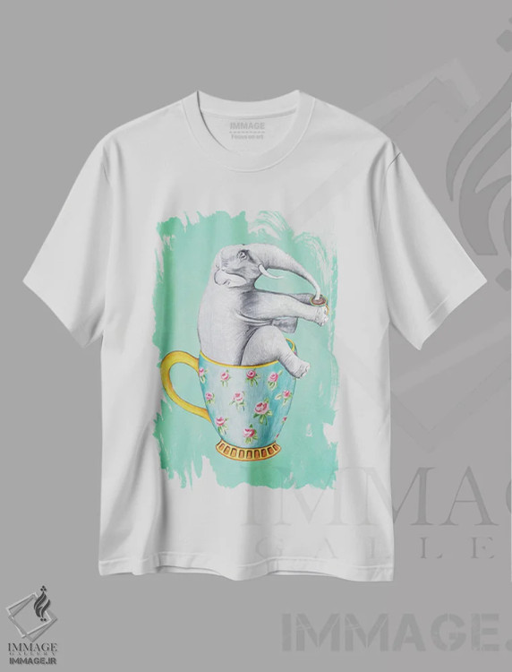 تیشرت سفید طرح دار فیل داخل فنجان، فیروزه ای، تزئینی اثر کوکو د پاریس | فروشگاه ایماژ