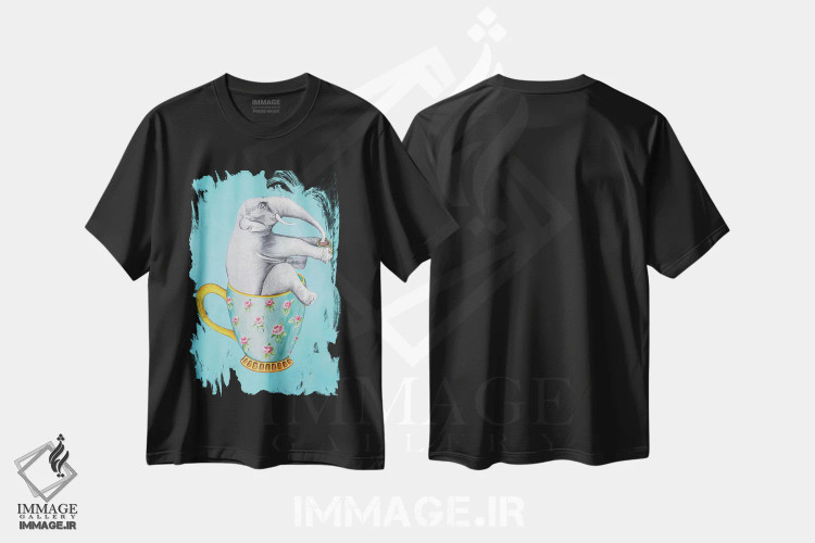 تیشرت مشکی طرح دار فیل داخل فنجان، آبی، تزئینی اثر کوکو د پاریس | فروشگاه ایماژ