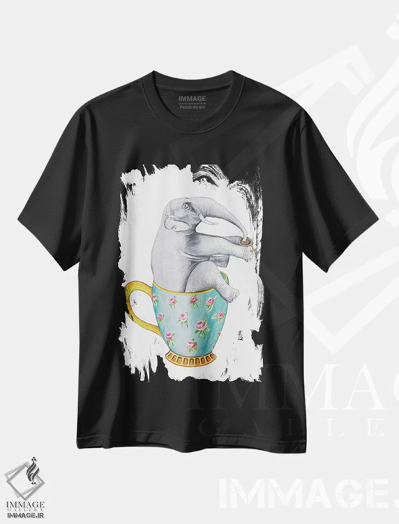 تیشرت مشکی طرح دار فیل داخل فنجان، سفید، تزئینی اثر کوکو د پاریس | فروشگاه ایماژ
