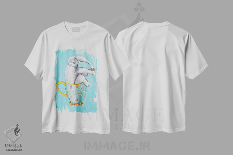 تیشرت سفید طرح دار فیل داخل فنجان، آبی، تزئینی اثر کوکو د پاریس | immage.ir