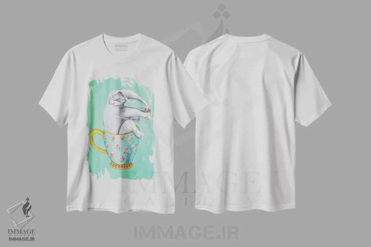 تیشرت سفید طرح دار فیل داخل فنجان، فیروزه ای، تزئینی اثر کوکو د پاریس | فروشگاه ایماژ