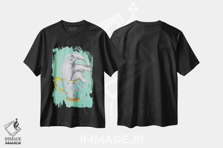 تیشرت مشکی طرح دار فیل داخل فنجان، فیروزه ای، تزئینی اثر کوکو د پاریس | immage.ir