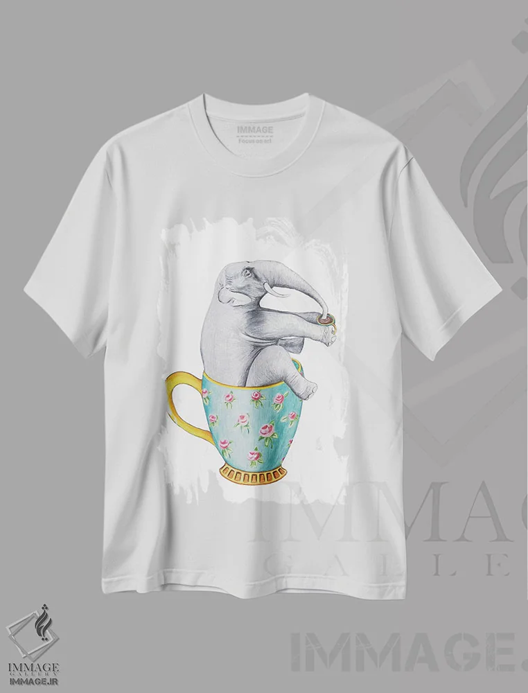 تیشرت سفید طرح دار فیل داخل فنجان، سفید، تزئینی اثر کوکو د پاریس | immage.ir