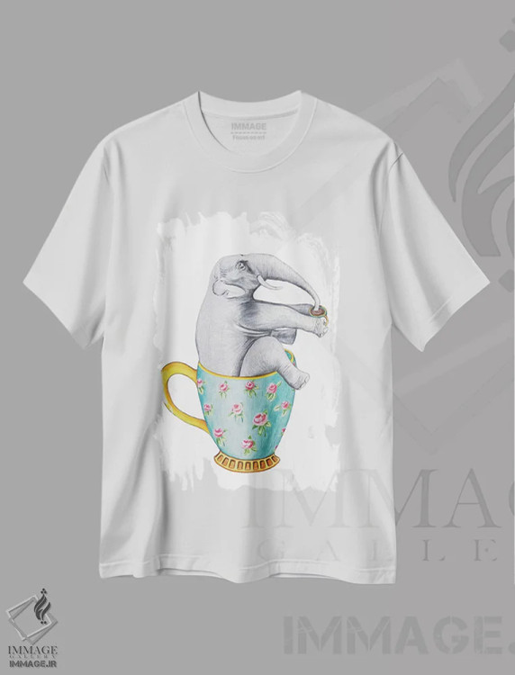 تیشرت سفید طرح دار فیل داخل فنجان، سفید، تزئینی اثر کوکو د پاریس | immage.ir