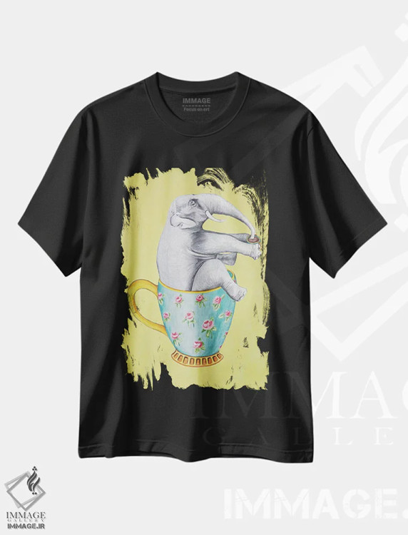 تیشرت مشکی طرح دار فیل داخل فنجان، زرد، تزئینی اثر کوکو د پاریس | immage.ir