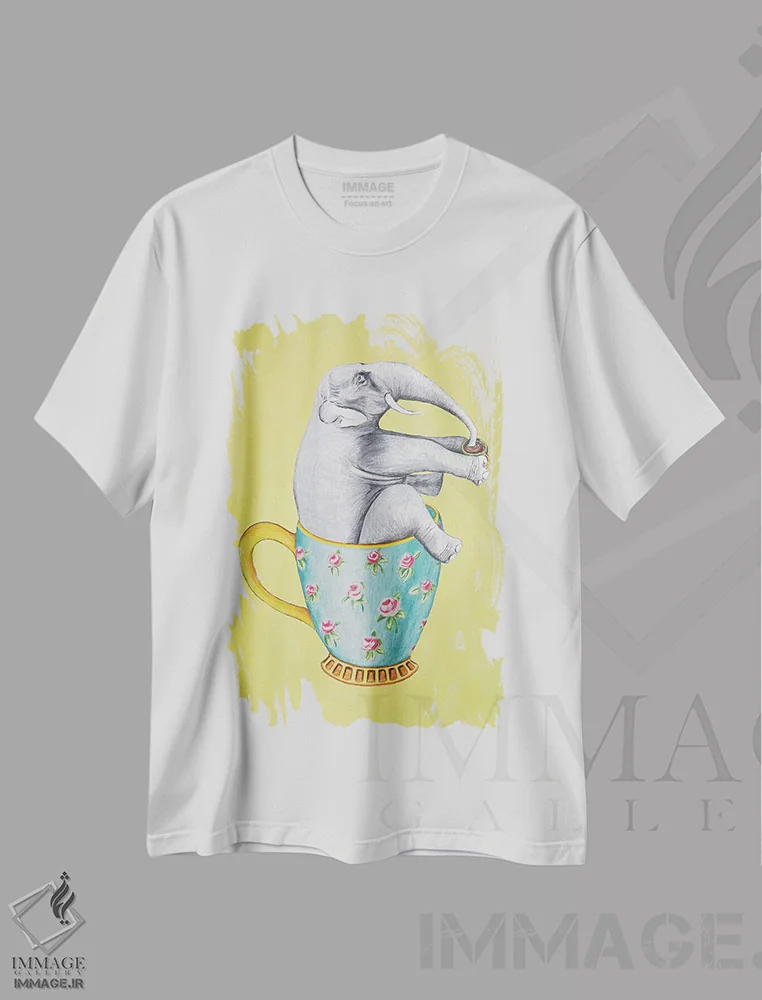 تیشرت سفید طرح دار فیل داخل فنجان، زرد، تزئینی اثر کوکو د پاریس | فروشگاه ایماژ