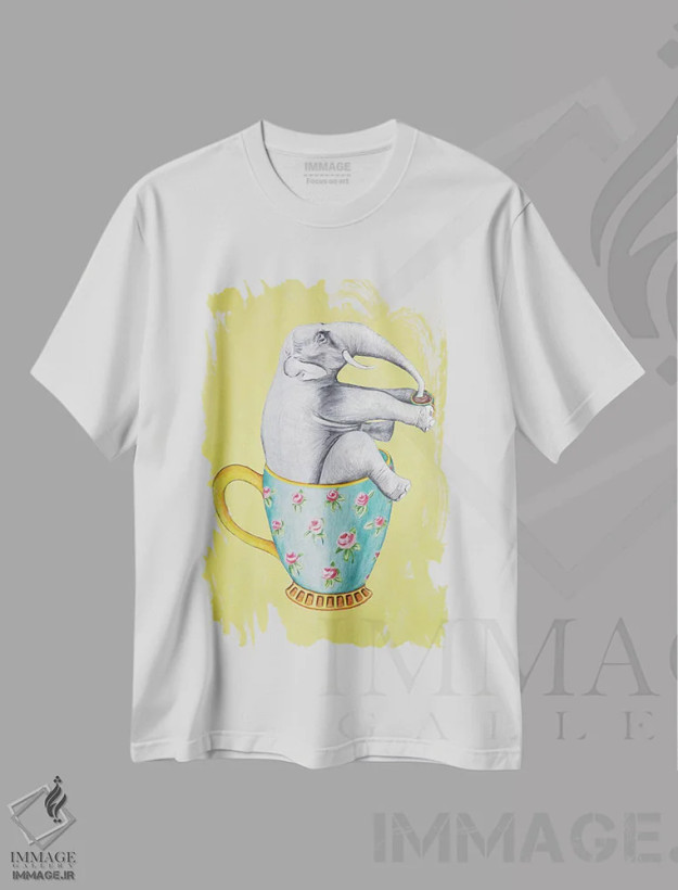 تیشرت سفید طرح دار فیل داخل فنجان، زرد، تزئینی اثر کوکو د پاریس | فروشگاه ایماژ