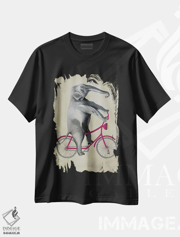 تیشرت مشکی طرح دار فیل روی دوچرخه، بژ، تزئینی اثر کوکو د پاریس | فروشگاه ایماژ
