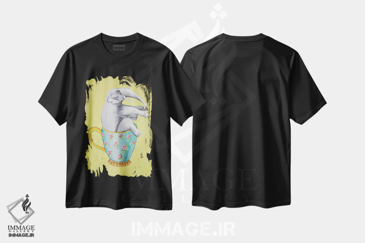 تیشرت مشکی طرح دار فیل داخل فنجان، زرد، تزئینی اثر کوکو د پاریس | immage.ir