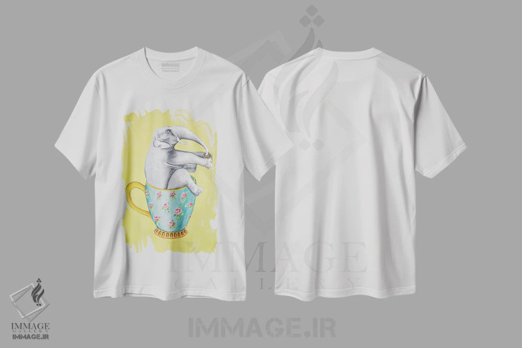 تیشرت سفید طرح دار فیل داخل فنجان، زرد، تزئینی اثر کوکو د پاریس | فروشگاه ایماژ