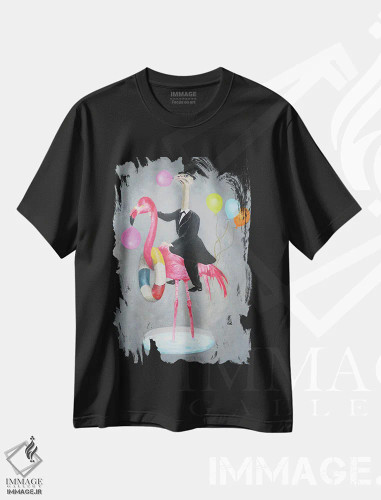 تیشرت مشکی طرح دار فلامینگو با شترمرغ، تزئینی اثر کوکو د پاریس | فروشگاه ایماژ