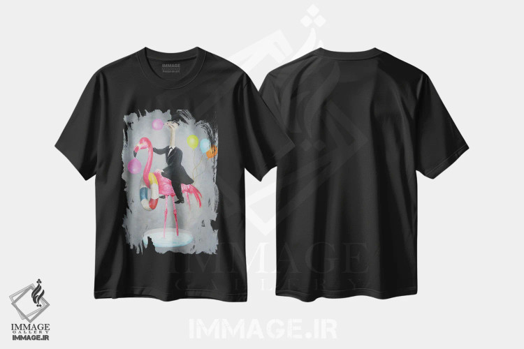 تیشرت مشکی طرح دار فلامینگو با شترمرغ، تزئینی اثر کوکو د پاریس | فروشگاه ایماژ