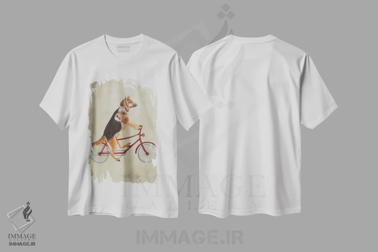 تیشرت سفید طرح دار سگ ژرمن شپرد روی دوچرخه، تزئینی اثر کوکو د پاریس | فروشگاه ایماژ