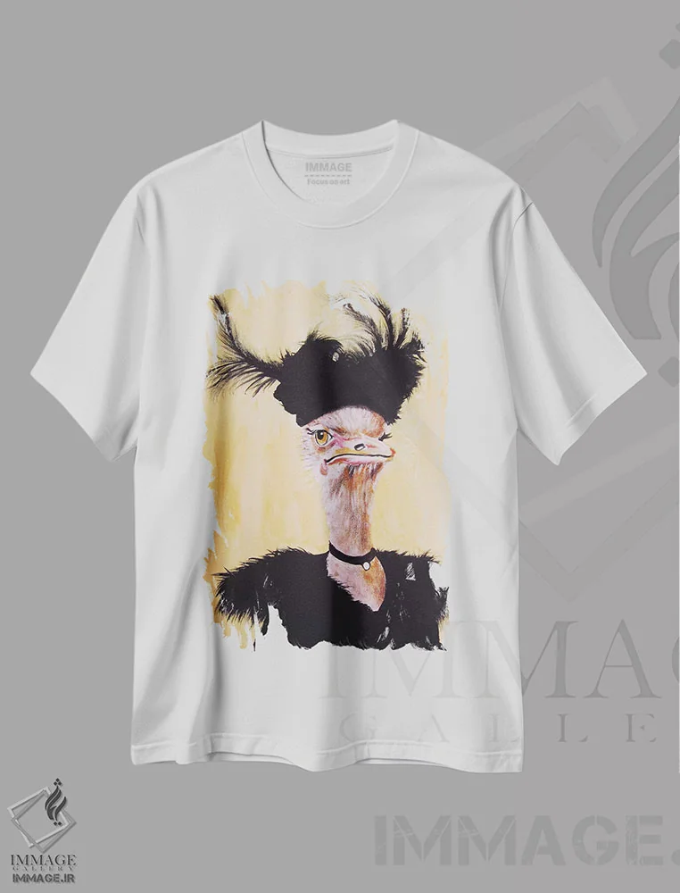 تیشرت سفید طرح دار شترمرغ جت ست، تزئینی اثر کوکو د پاریس | فروشگاه ایماژ