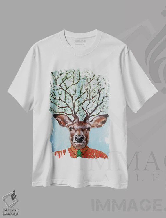 تیشرت سفید طرح دار درخت گوزن، تزئینی اثر کوکو د پاریس | فروشگاه ایماژ