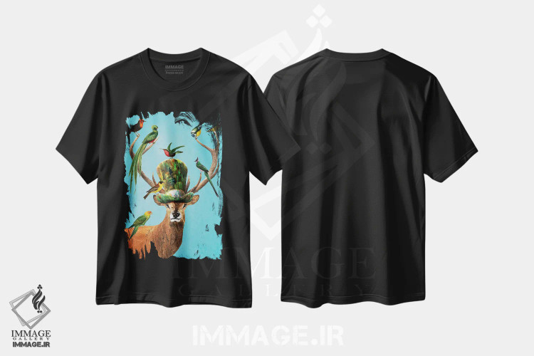تیشرت مشکی طرح دار گوزن با پرندگان اثر کوکو د پاریس | فروشگاه ایماژ