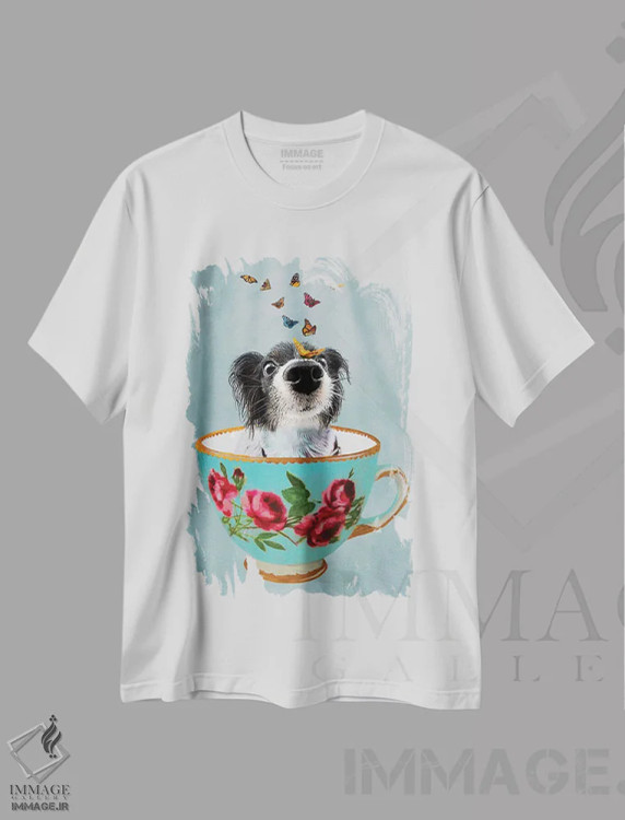 تیشرت سفید طرح دار سگ کوچولو در فنجان اثر کوکو د پاریس | فروشگاه ایماژ