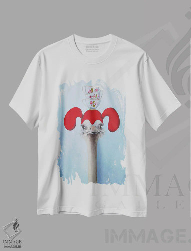 تیشرت سفید طرح دار شترمرغ با فنجان های چای روی هم اثر کوکو د پاریس | فروشگاه ایماژ