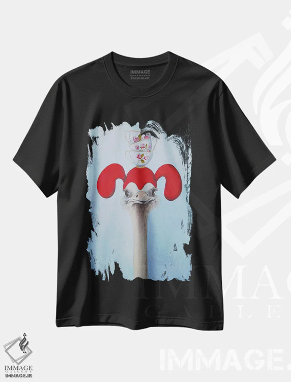 تیشرت مشکی طرح دار شترمرغ با فنجان های چای روی هم اثر کوکو د پاریس | immage.ir