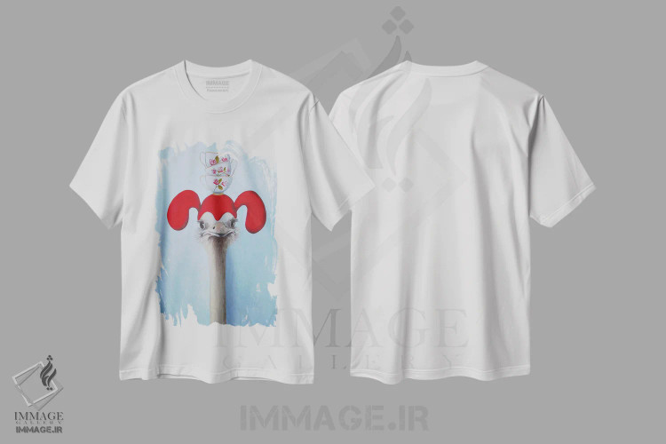 تیشرت سفید طرح دار شترمرغ با فنجان های چای روی هم اثر کوکو د پاریس | فروشگاه ایماژ