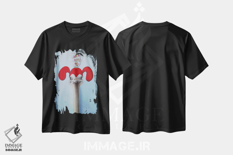 تیشرت مشکی طرح دار شترمرغ با فنجان های چای روی هم اثر کوکو د پاریس | immage.ir