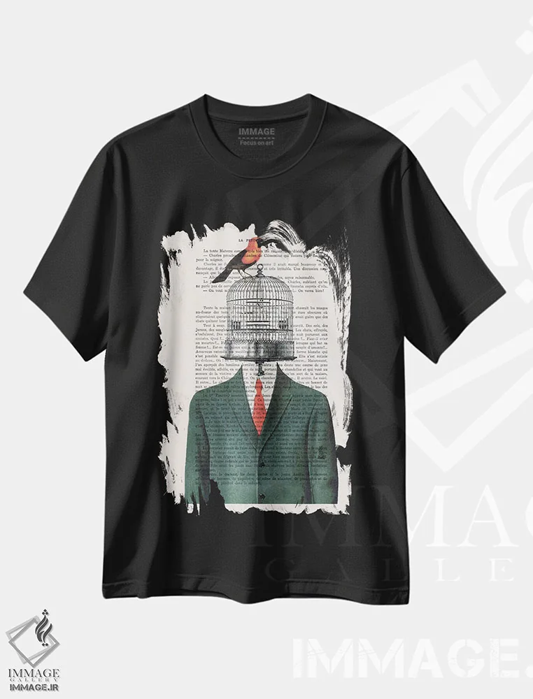 تیشرت مشکی طرح دار مرد قفس پرنده اثر کوکو د پاریس | فروشگاه ایماژ