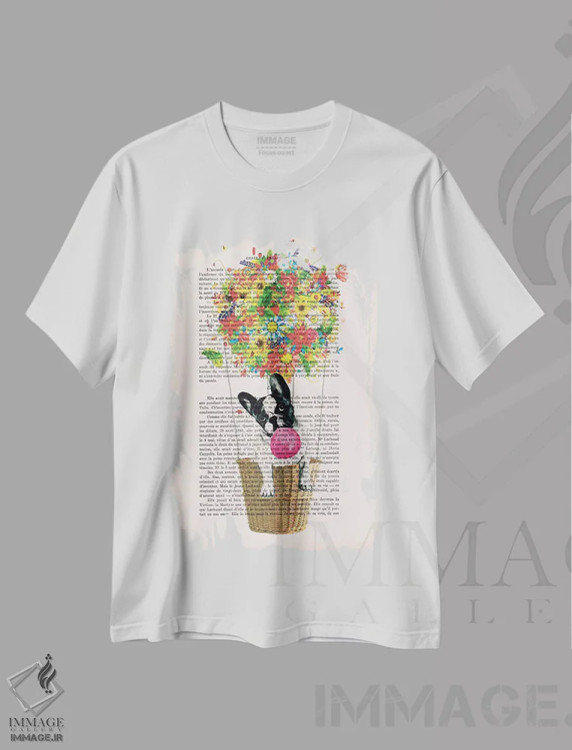 تیشرت سفید طرح دار بولداگ در بالون گل دار، تزئینی اثر کوکو د پاریس | immage.ir