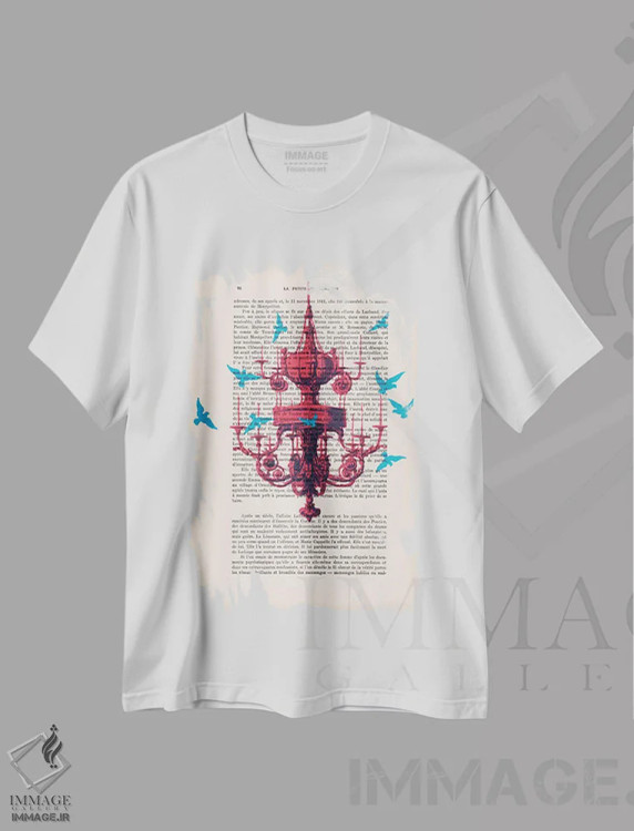 تیشرت سفید طرح دار لوستر با پرندگان آبی، تزئینی اثر کوکو د پاریس | فروشگاه ایماژ