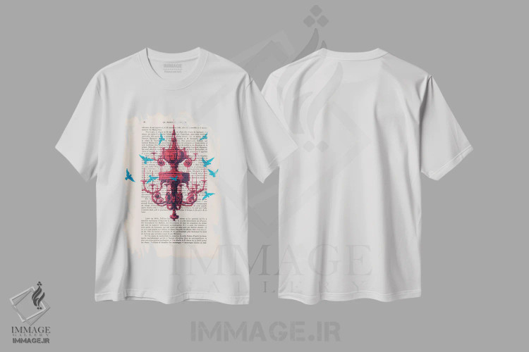 تیشرت سفید طرح دار لوستر با پرندگان آبی، تزئینی اثر کوکو د پاریس | فروشگاه ایماژ