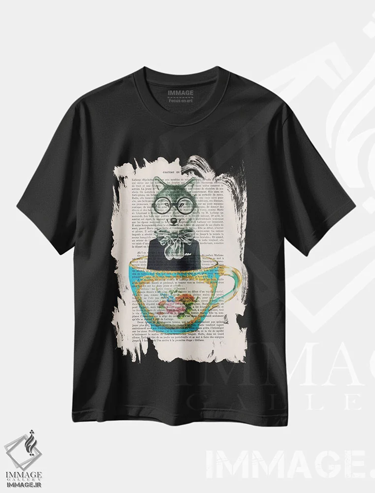 تیشرت مشکی طرح دار روباه در فنجان اثر کوکو د پاریس | فروشگاه ایماژ