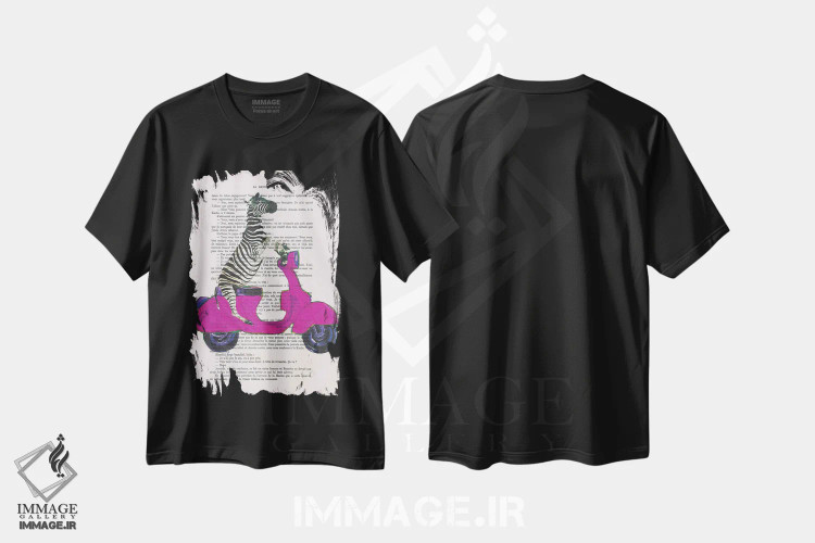تیشرت مشکی طرح دار گورخر سوار بر وسپای قرمز، تزئینی اثر کوکو د پاریس | فروشگاه ایماژ