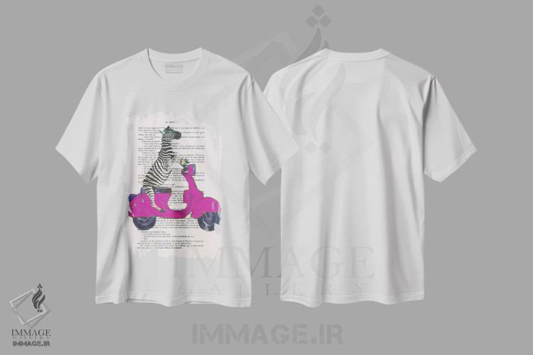 تیشرت سفید طرح دار گورخر سوار بر وسپای قرمز، تزئینی اثر کوکو د پاریس | immage.ir