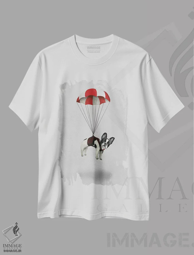 تیشرت سفید طرح دار بولداگ با چتر نجات، مدیوم اثر کوکو د پاریس | فروشگاه ایماژ