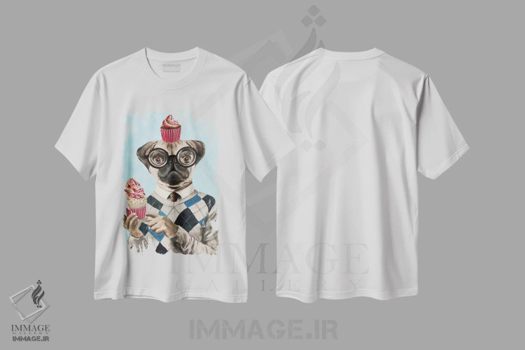 تیشرت سفید طرح دار پاگ با کیک های کوچک، تزئینی اثر کوکو د پاریس | فروشگاه ایماژ