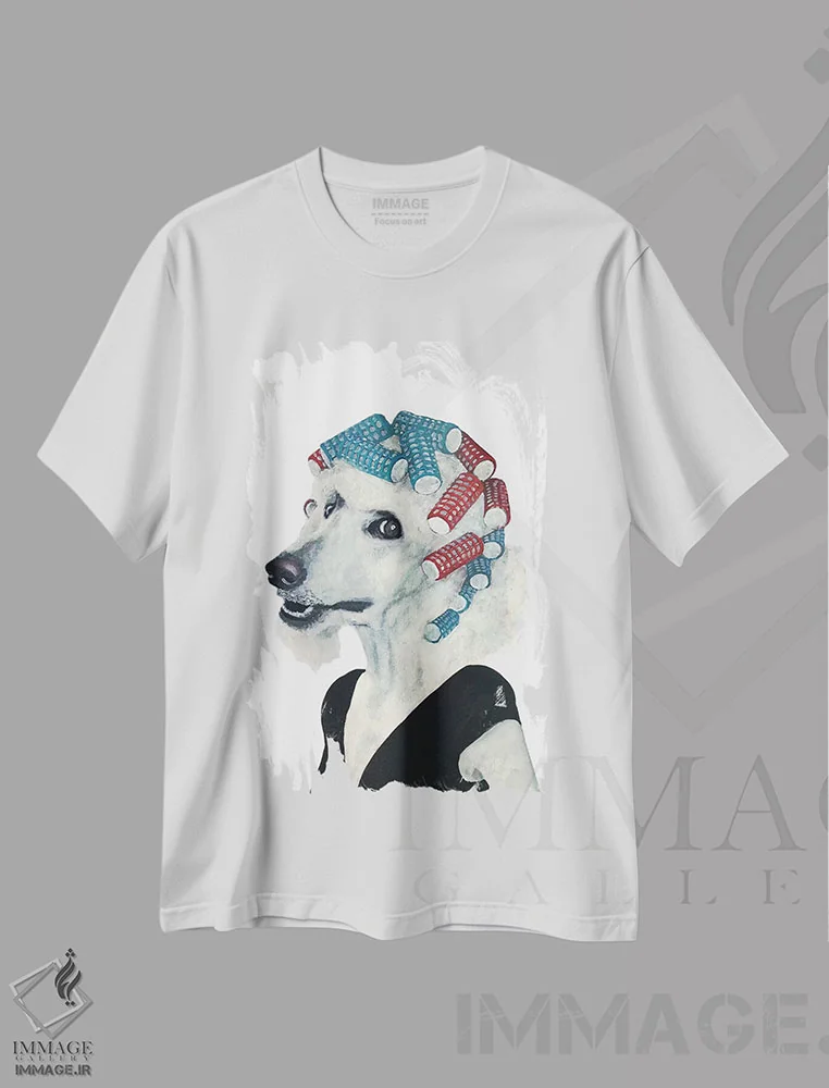 تیشرت سفید طرح دار پودل با بیگودی مو، مدیوم اثر کوکو د پاریس | فروشگاه ایماژ