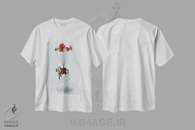 تیشرت سفید طرح دار دالماتین با چتر نجات، مدیوم اثر کوکو د پاریس | فروشگاه ایماژ