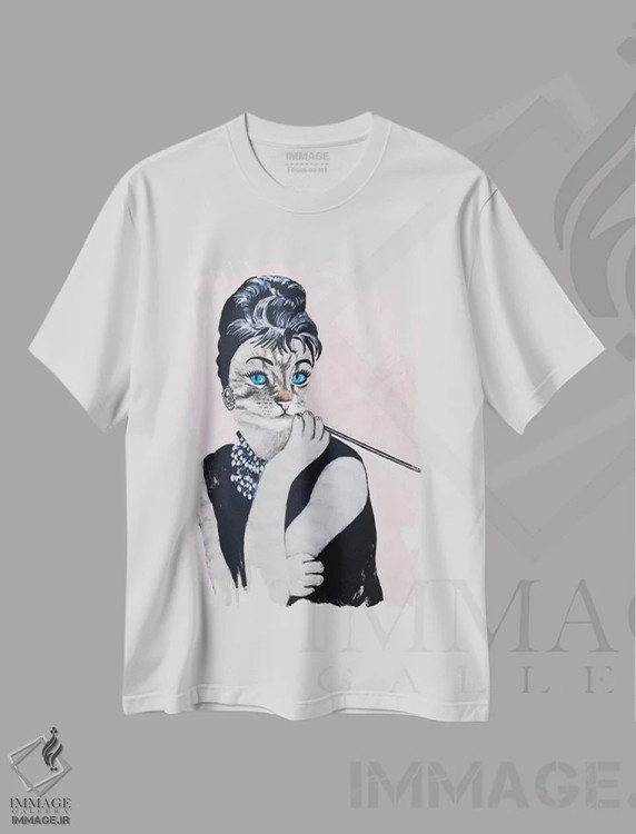 تیشرت سفید طرح دار گربه آدری هپبورن، تزئینی اثر کوکو د پاریس | فروشگاه ایماژ