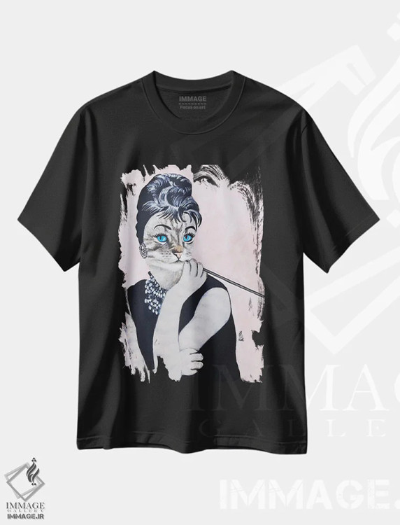 تیشرت مشکی طرح دار گربه آدری هپبورن، تزئینی اثر کوکو د پاریس | immage.ir