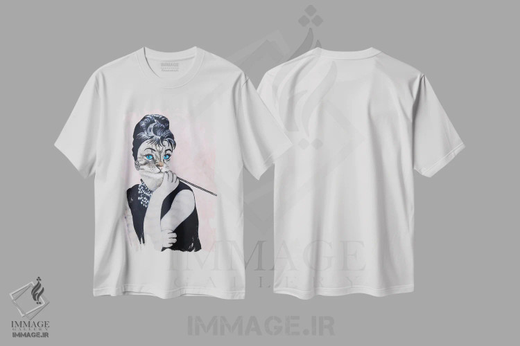 تیشرت سفید طرح دار گربه آدری هپبورن، تزئینی اثر کوکو د پاریس | فروشگاه ایماژ