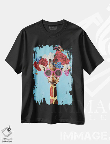 تیشرت مشکی طرح دار زرافه با قدرت گل ها، تزئینی اثر کوکو د پاریس | فروشگاه ایماژ