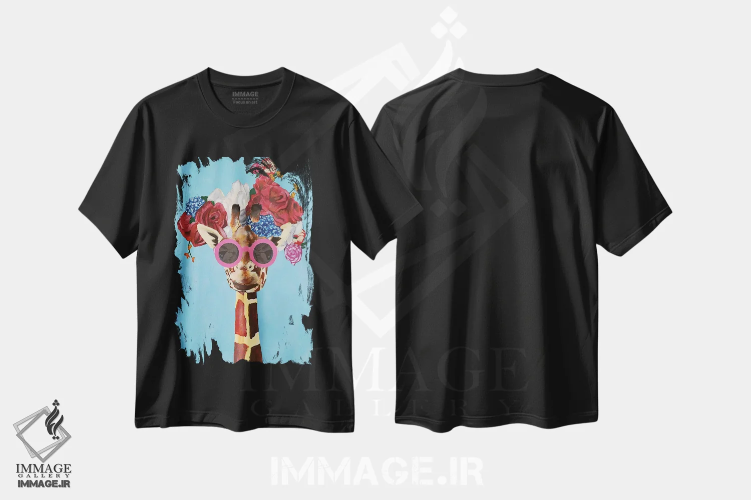تیشرت مشکی طرح دار زرافه با قدرت گل ها، تزئینی اثر کوکو د پاریس | فروشگاه ایماژ