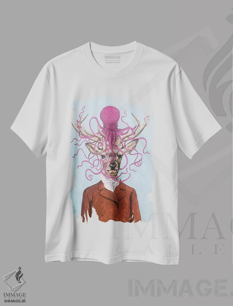 تیشرت سفید طرح دار گوزن با هشت پا، دکور معاصر اثر کوکو د پاریس | immage.ir