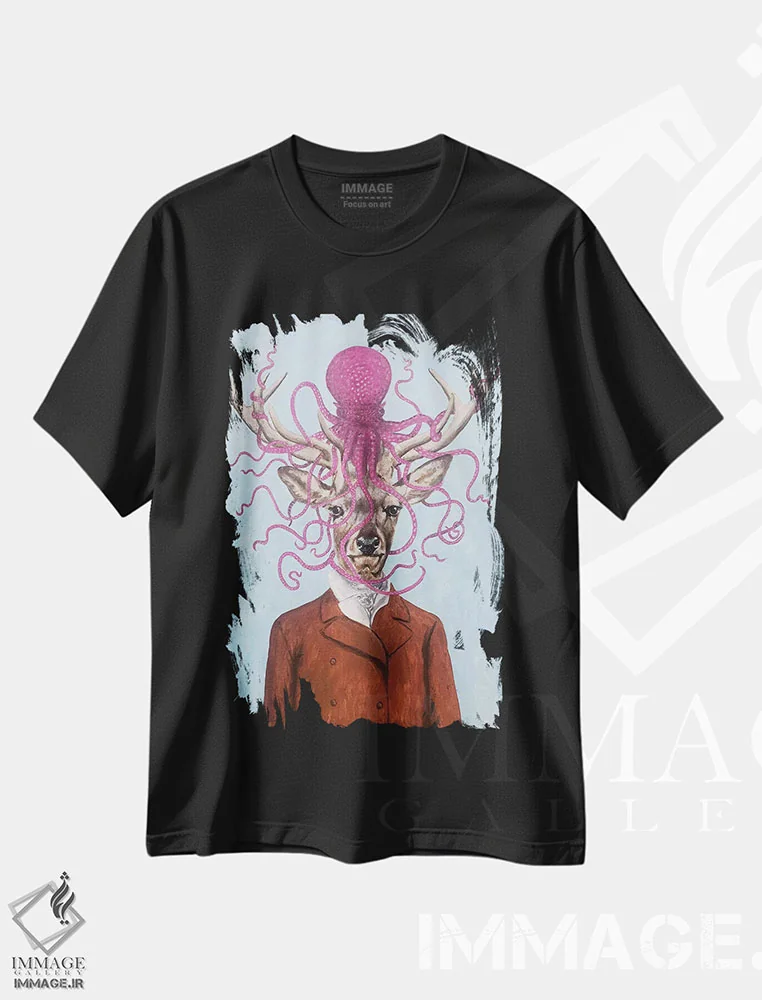 تیشرت مشکی طرح دار گوزن با هشت پا، دکور معاصر اثر کوکو د پاریس | فروشگاه ایماژ