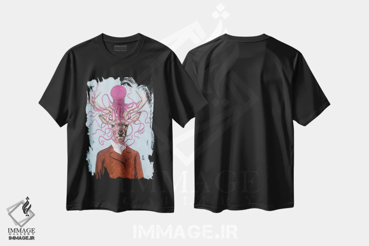 تیشرت مشکی طرح دار گوزن با هشت پا، دکور معاصر اثر کوکو د پاریس | فروشگاه ایماژ