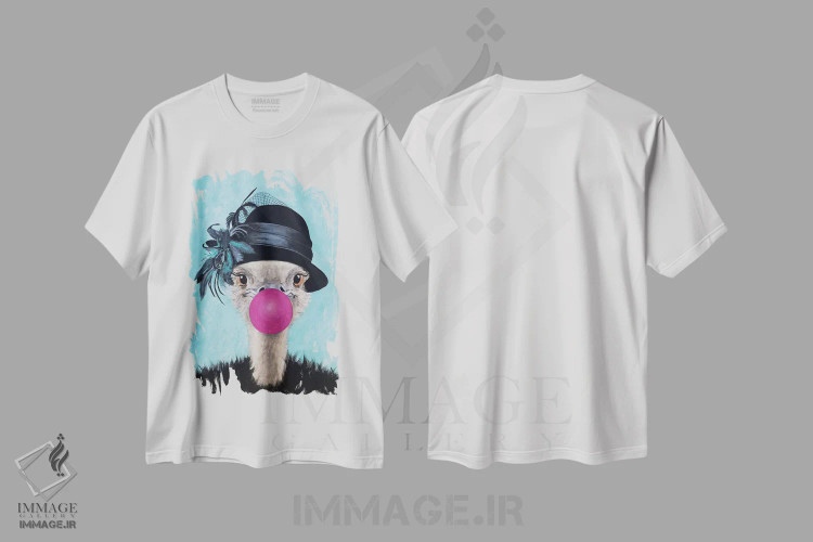 تیشرت سفید طرح دار شترمرغ با آدامس بادکنکی، دکور معاصر اثر کوکو د پاریس | فروشگاه ایماژ
