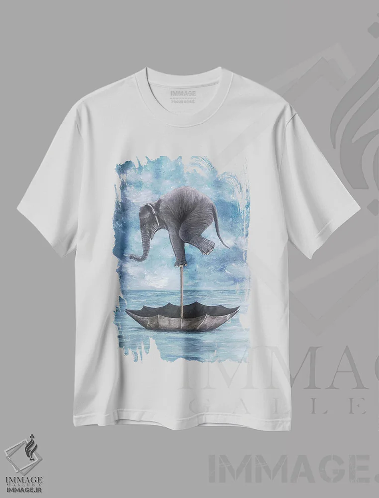 تیشرت سفید طرح دار فیل در تعادل، تزئینی اثر کوکو د پاریس | فروشگاه ایماژ