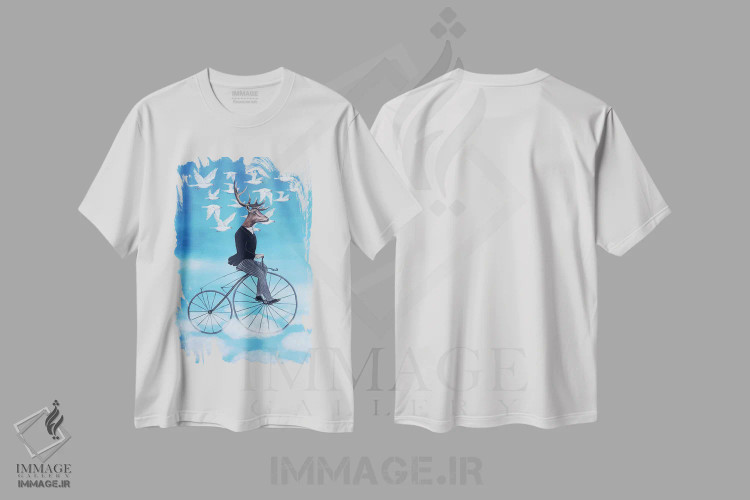 تیشرت سفید طرح دار گوزن رویاپرداز در حال دوچرخه سواری، تزئینی اثر کوکو د پاریس | immage.ir