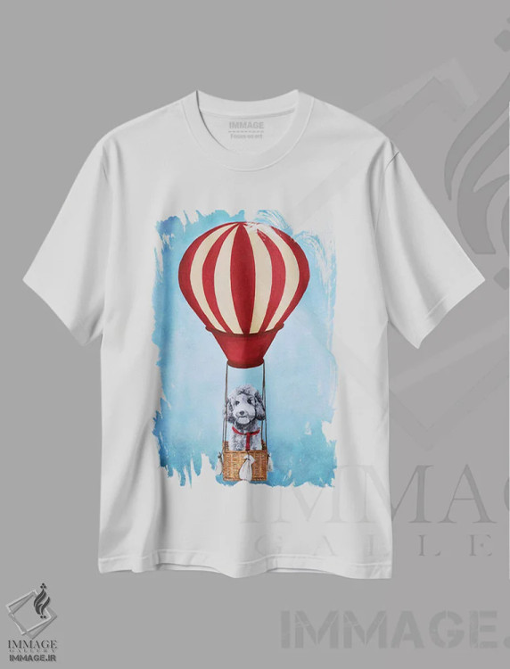 تیشرت سفید طرح دار پودل با بالن هوای گرم، تزئینی اثر کوکو د پاریس | immage.ir